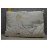 Vtg Embroidered Throw Pillow-Young Girl & Duck