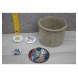 Vtg Stoneware Crock & Commemorative Pins