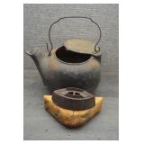 Vtg Cast Iron Tea Kettle & Sad Iron Decor Lot