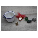 Vtg Enamel Mug,Christmas Angel Troll Doll,Buttons