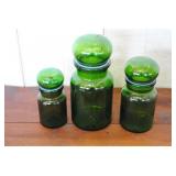 3 Vtg Emerald Green Glass Apothecary Canisters