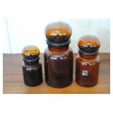 3 Vtg Mid Century Amber Glass Apothecary Canisters