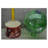 Christmas Canister and Large Green Glass Bulb