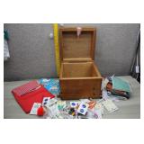 Vtg Wooden Storage Box, Sewing Accessories etc.