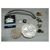 Assorted Items-Lapel Pins,Charms,Wooden Nickel,etc