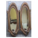 Vtg Hinged Wood Wall Mirror Candle Sconces-1970s