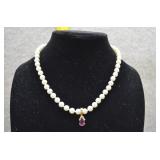 HeavyFauxPearlNecklace w/Teardrop Amethyst Pendant