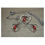Enameled Cardinal Heart Necklace and Earrings Set