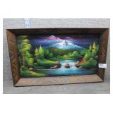 Vtg Black Velvet Mountain Painting Carved Frame