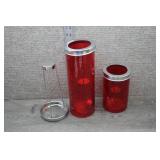 Two Red Crackle-Glass Cylinder Globes,Metal Insert