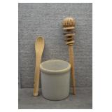 Vtg Stoneware Crock Jar & Wooden Utensil Lot