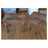 2 Vtg Wooden Stools w/Rush Seats & Carved Apron