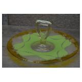 Vtg Amber & Green Glass Center Handle Tray