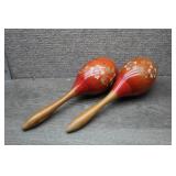 Vtg Hand Painted Wooden Maracas Pair