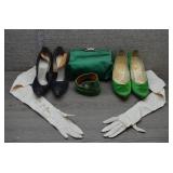 Vtg Satin Shoes, Purse, Belt & Gloves Lot