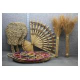 Vtg Woven Straw Fans Brooms & Coasters Lot