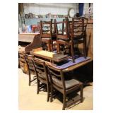 PEDESTAL BASE DINING TABLE W/ 3 LEAVES, 8 CHAIRS