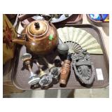 KETTLE, BRASS FAN, VINTAGE DOOR HARDWARE