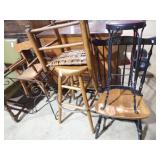 3 CHAIRS, 2 STOOLS, METAL STAND