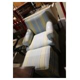 BLUE & TAN UPHOLSTERED CHAIR + OTTOMAN