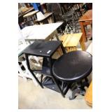 BLACK PAINTED WOODEN SHELF + ROUND STAND