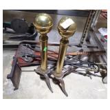 BRASS BALL ANDIRONS, FIREPLACE TOOLS, BRUSH