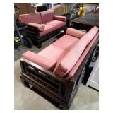 2 ORIENTAL RED CUSHIONED SOFAS 63'