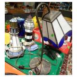2 STAINED GLASS LIGHTHOUSE LAMPS + DESK LAMP