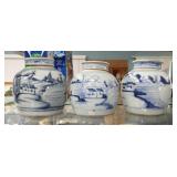 3 ORIENTAL LIDDED POTTERY JARS