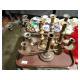 5 BRASS CANDLESTICKS + PLATED CANDELABRA