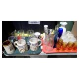 2 TRAYS GLASSES, MUGS, VASES