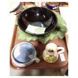 POTTERY, LEAF DISH, ARCOROC GLASS BOWL