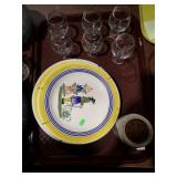 QUIMPER PLATES, BRANDY GLASSES, MARMALADE JAR