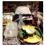 CUT GLASS, DECANTERS, CHIP & DIP SET
