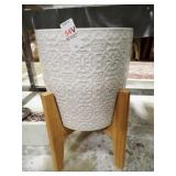 CERAMIC PLANTER W/ WOODEN STAND