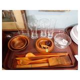 GLASS, WOOD BOWLS, UTENSILS