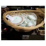 BASKET OF PYREX CHINA