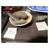 NATIVE AMERICAN TOOLS, BASKET + HORN CORAL FOSSIL