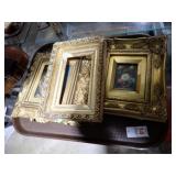 3 SMALL ORNATE GILT FRAMES, 2 W/ SMALL ART