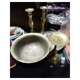 BRASS CANDLESTICKS & BOWLS