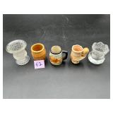 Five toothpick holders in glass and ceramic...