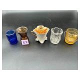 Five mixed toothpick holders in colored glass...