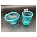 Blue Opalescent Footed Bowl & Vintage Etched...