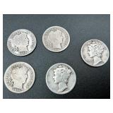 5 Barber & Mercury Silver Dimes