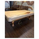 Wooden Pool Table with Tan Vinyl Cover, Cues