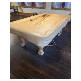 Wooden Pool Table with Tan Vinyl Cover, Cues