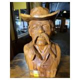 Hand-Carved Wooden Cowboy Bust Sculpture