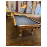 Wooden Pool Table with Blue Felt, Balls, Cues, and
