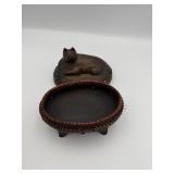 Carved Cat Woven Trinket Box