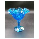 Fenton Blue Glass Cabbage Rose Ruffled Compote